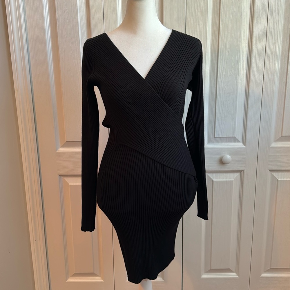 Aqua black ribbed stretchy mid length dress